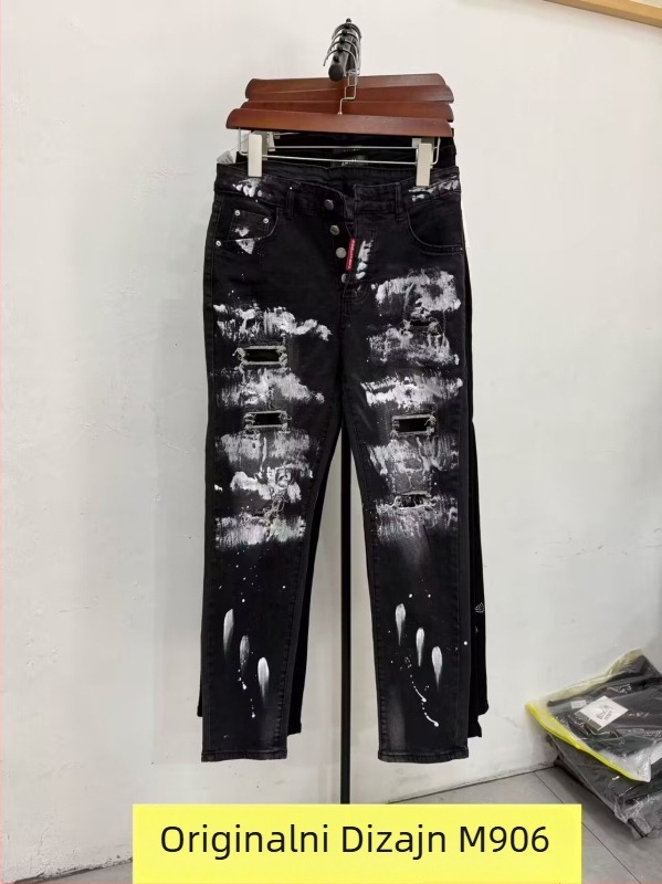 Patchwork traperice s oštećenim detaljima, uski kroj, srednji pojas, zatvarač, blaga rastezljivost