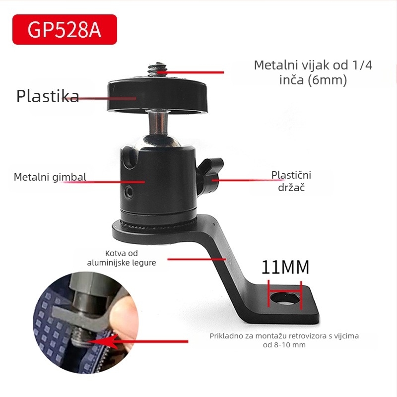 Držač za akcijske kamere, aluminijska legura + ABS, kompatibilan s Insta360 One X R i drugim akcijskim kamerama, dodatak za panoramsko/ nagibno ogledalo motocikla