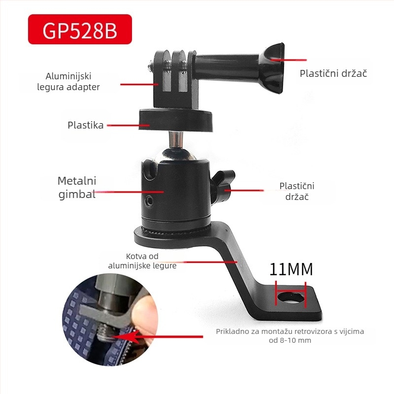 Držač za akcijske kamere, aluminijska legura + ABS, kompatibilan s Insta360 One X R i drugim akcijskim kamerama, dodatak za panoramsko/ nagibno ogledalo motocikla