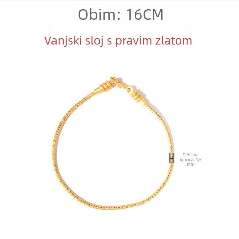 Međeni narukvica s pozlaćenom premazom, unisex, kineskog stila zmijskog lanca s perlicama, elektroplatiranje, umjetnički retro dizajn