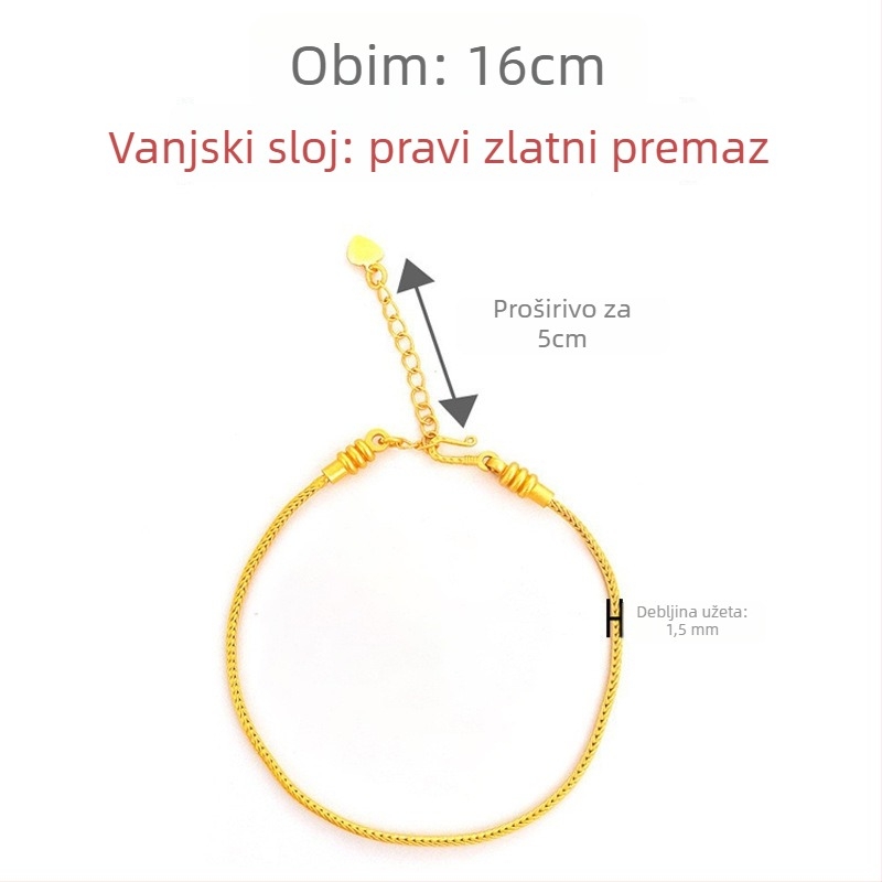 Međeni narukvica s pozlaćenom premazom, unisex, kineskog stila zmijskog lanca s perlicama, elektroplatiranje, umjetnički retro dizajn