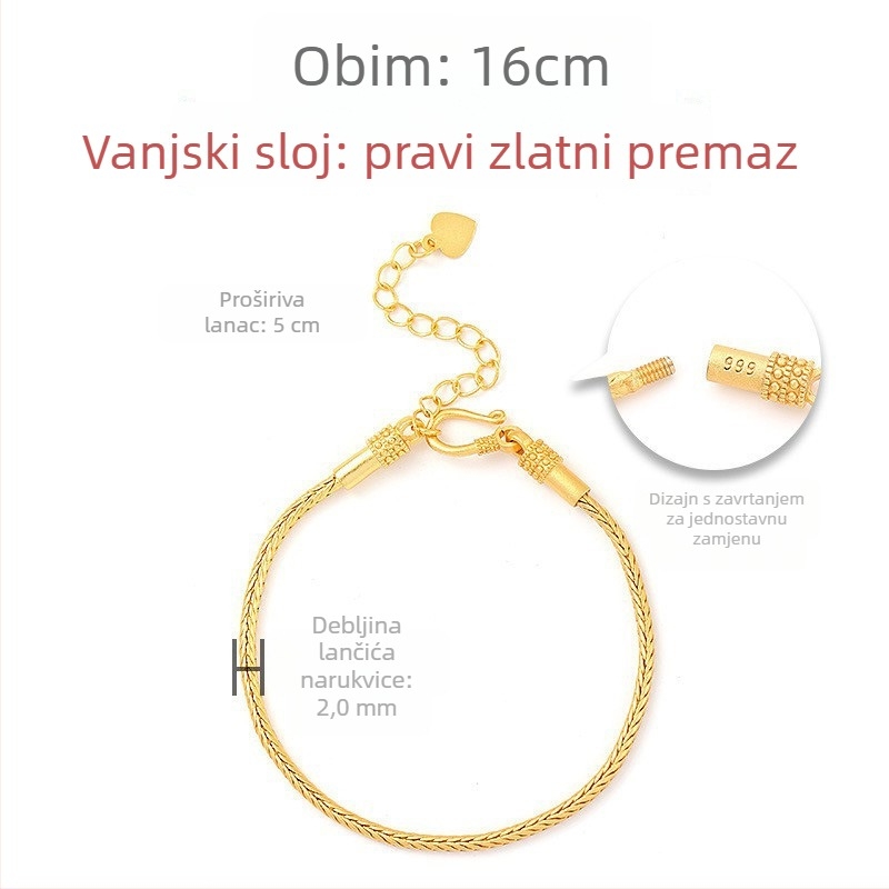 Međeni narukvica s pozlaćenom premazom, unisex, kineskog stila zmijskog lanca s perlicama, elektroplatiranje, umjetnički retro dizajn