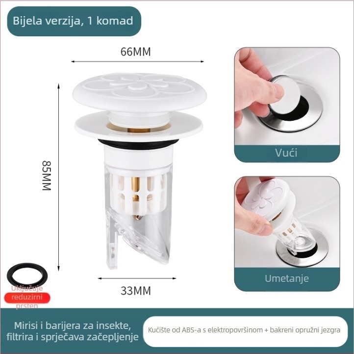 Push-type odvod za umivaonik s anti-odor bounce core, bakar, CNC obrada, moderni minimalistički stil
