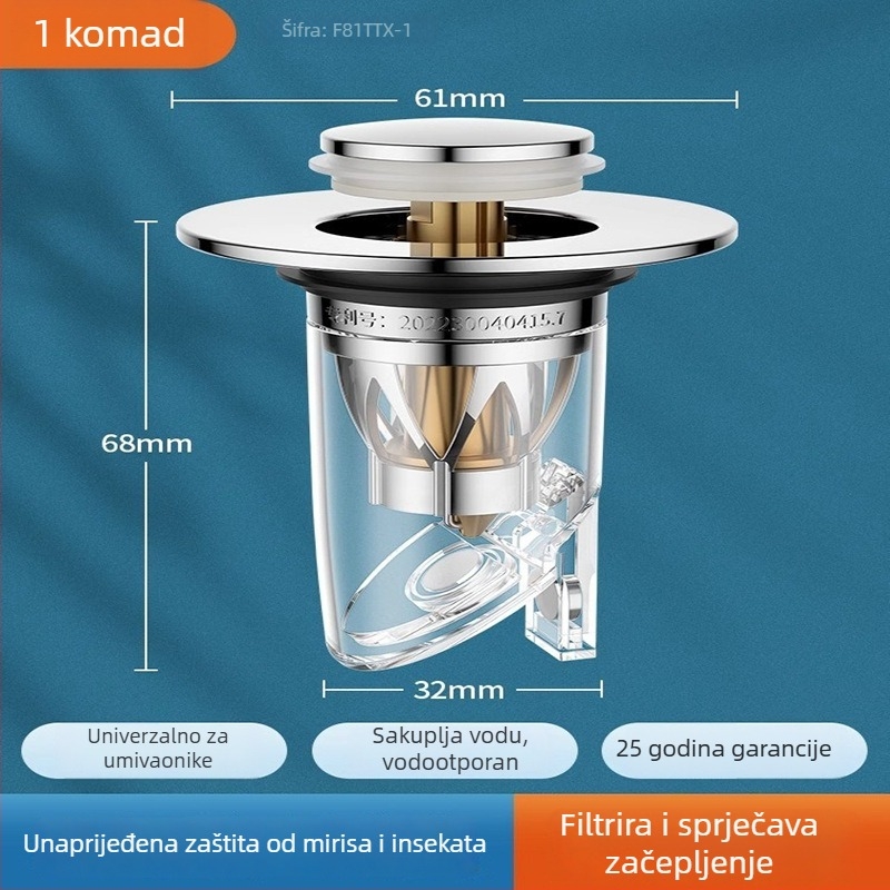 Push-type odvod za umivaonik s anti-odor bounce core, bakar, CNC obrada, moderni minimalistički stil
