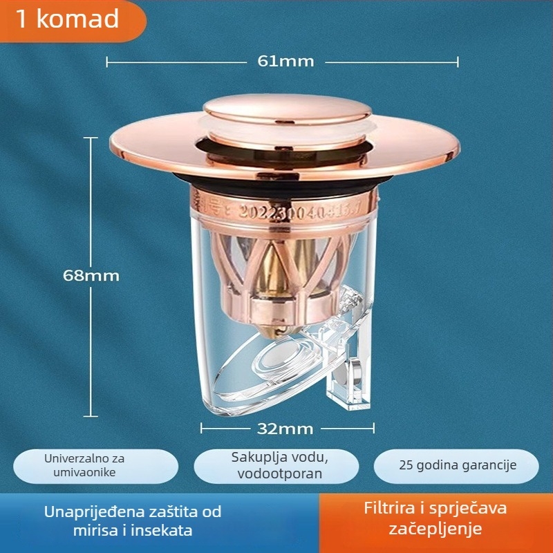 Push-type odvod za umivaonik s anti-odor bounce core, bakar, CNC obrada, moderni minimalistički stil
