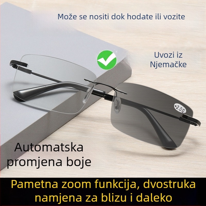 Muške bezokvirne naočale za presbiopiju s automatskim zumom, progresivne multifokalne, PC leće, protiv plavog svjetla