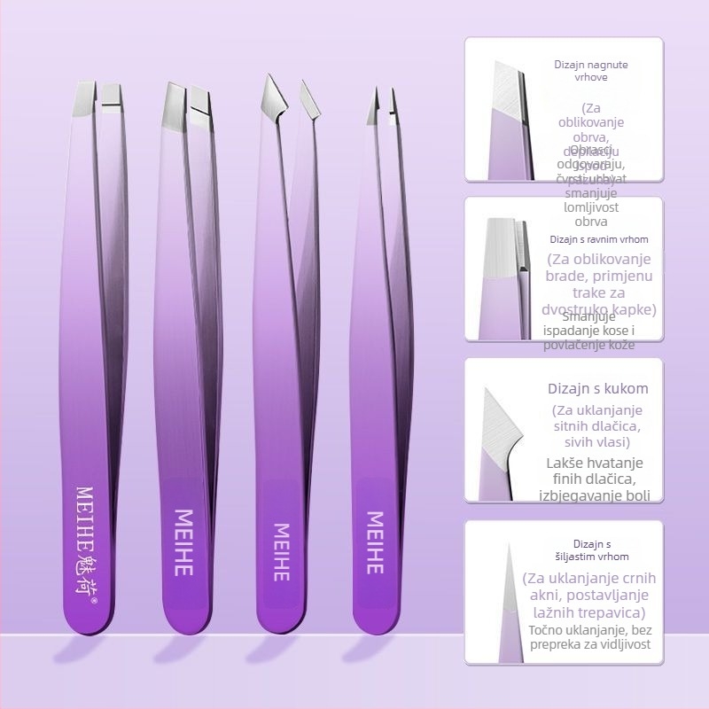 Medicinske pinzete za akne – uklanjanje prištića i crnih točaka, nehrđajući čelik, Charming brand, kod proizvoda Meihai hb-gradient purple 4-piece set, uvijač trepavica, rok trajanja 3 godine