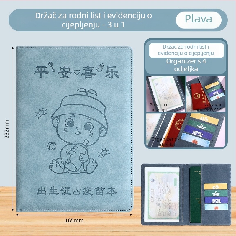 Monlik kožni zaštitni kućište za dječji rodni list i zdravstveni karton, trostruko u jednome, model Peace and Joy, debljina 1.0 cm