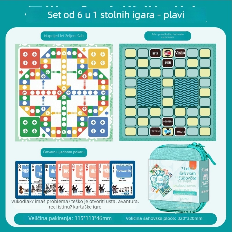6-u-1 prijenosni set društvenih igara za djecu by Yulefang: Flying Chess, Gomoku, Jungle Chess, Checkers, Chinese Chess; plastične figure, torba uključena, interaktivna puzzle igra