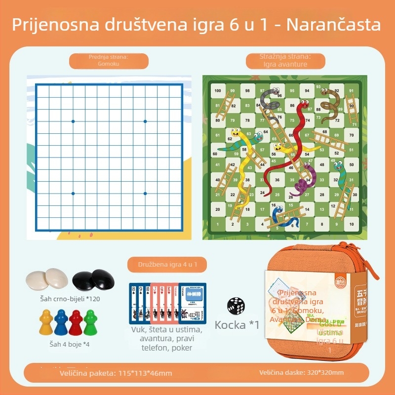 6-u-1 prijenosni set društvenih igara za djecu by Yulefang: Flying Chess, Gomoku, Jungle Chess, Checkers, Chinese Chess; plastične figure, torba uključena, interaktivna puzzle igra