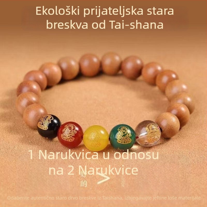 Drvena narukvica Boga bogatstva – urezbarene geometrijske perle, unisex, originalni dizajn