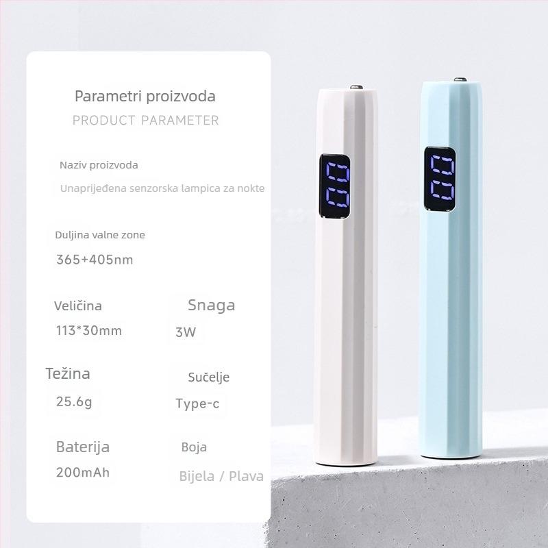 Ručna lampa za nokte, prijenosna punjiva UV/LED lampa za fototerapiju noktiju, plastično kućište, 25,6 g
