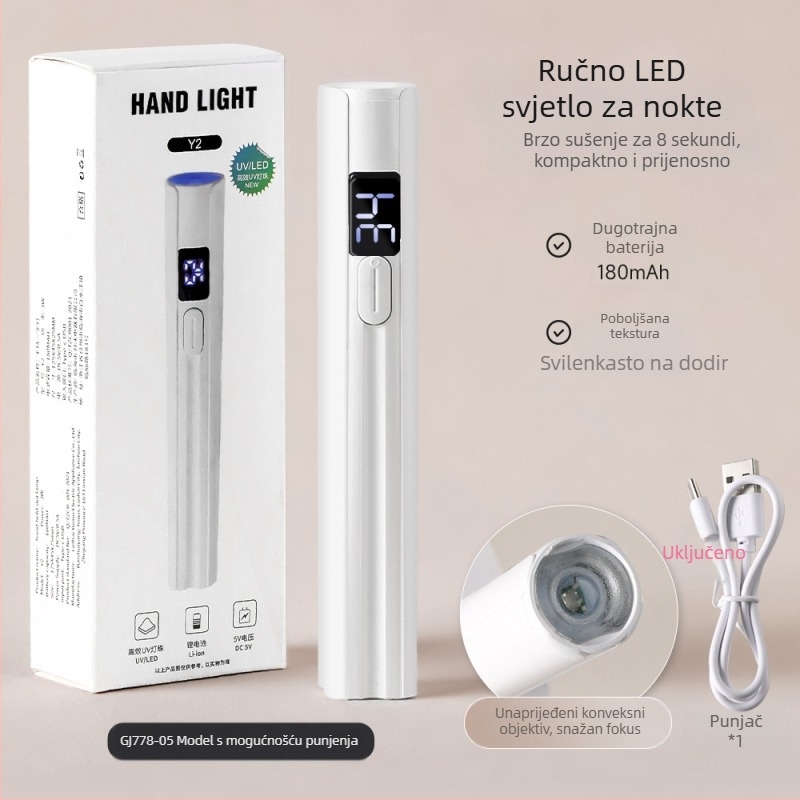 Ručna lampa za nokte, prijenosna punjiva UV/LED lampa za fototerapiju noktiju, plastično kućište, 25,6 g