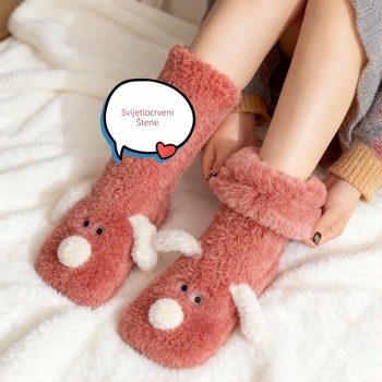 Ženske protuklizne čarape s motivom životinje, od poliestera, srednje dužine, podstavljene koralnim plišem, tople i upijaju vlagu
