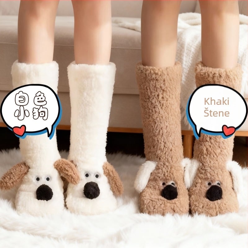 Ženske protuklizne čarape s motivom životinje, od poliestera, srednje dužine, podstavljene koralnim plišem, tople i upijaju vlagu