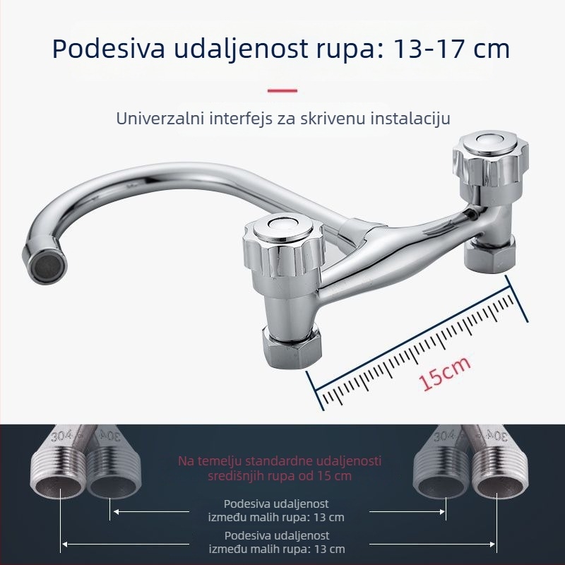 Kuhinjska slavina - dvostruka ručka, zidna montaža, bakreno tijelo, keramički disk ventil