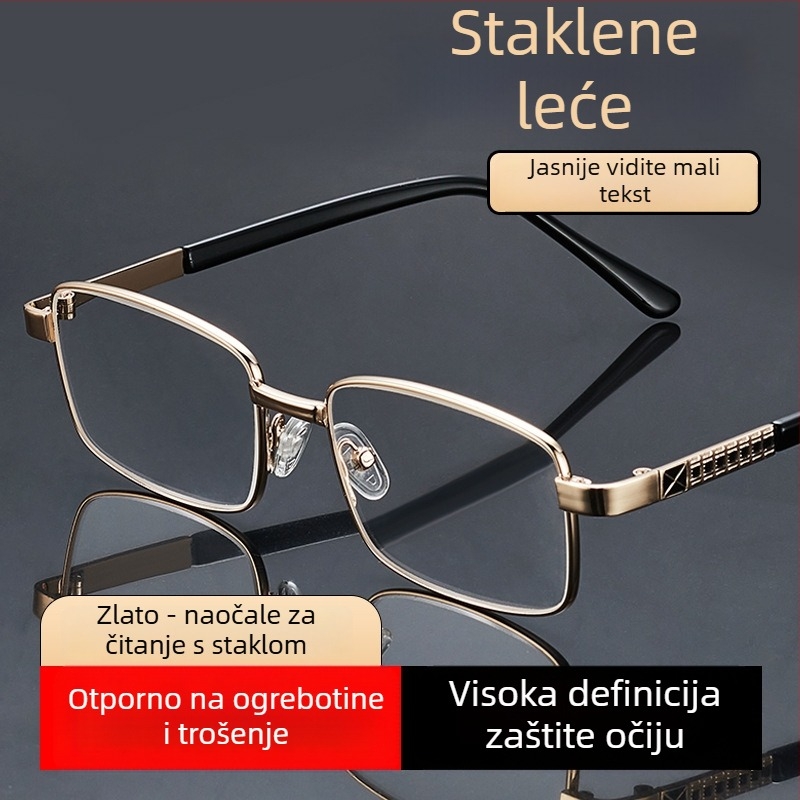 Očala za presbiopiju za starije, visoka definicija asferične leće, puni okvir, kvadratni metalni okvir, otporne na udarce leće