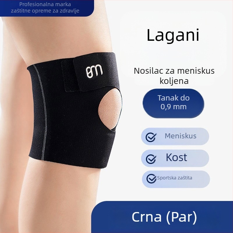 Tanki profilni rukav za koljeno – otvoren i prozračan, lagan za trčanje, košarku i badminton; materijali: spandex/nylon; za odrasle; težina ≤100 g