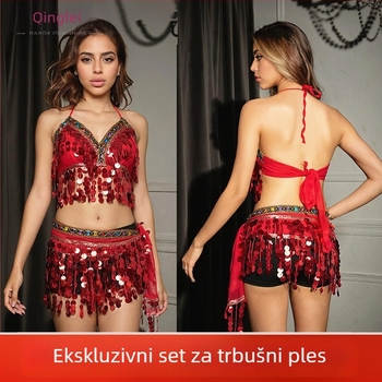 Seksi kostim za belly dance sa šljokicama, omotane grudi, pojas s resicama i suknja s resicama za izvedbu — proljeće 2025, poliester materijal, sadržaj poliester 80–90%, ručno rezanje