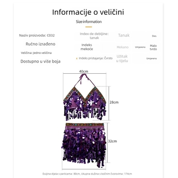 Seksi kostim za belly dance sa šljokicama, omotane grudi, pojas s resicama i suknja s resicama za izvedbu — proljeće 2025, poliester materijal, sadržaj poliester 80–90%, ručno rezanje