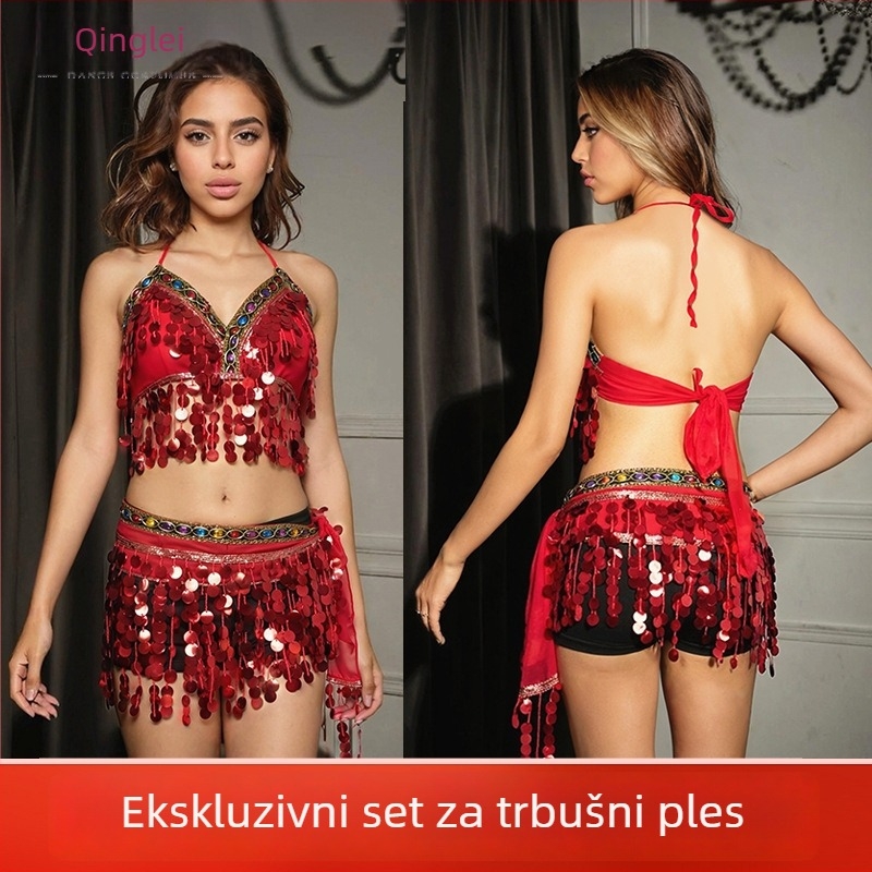Seksi kostim za belly dance sa šljokicama, omotane grudi, pojas s resicama i suknja s resicama za izvedbu — proljeće 2025, poliester materijal, sadržaj poliester 80–90%, ručno rezanje