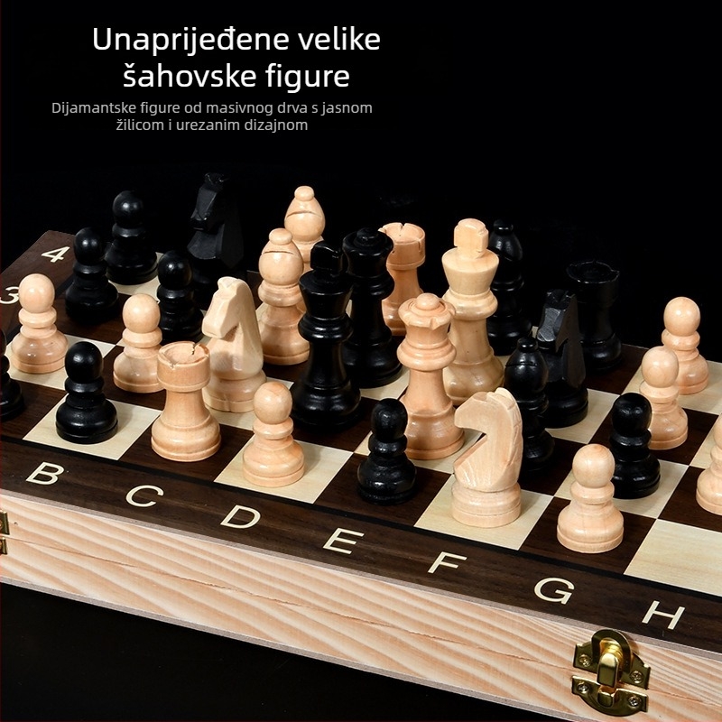 Drvena sklopiva 3-u-1 stolna igra: šah, backgammon i dama, edukativna logična igra