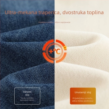 Traperice s širokim krojem, flis unutra, visok struk, debela tkanina; džins pamuk i poliester
