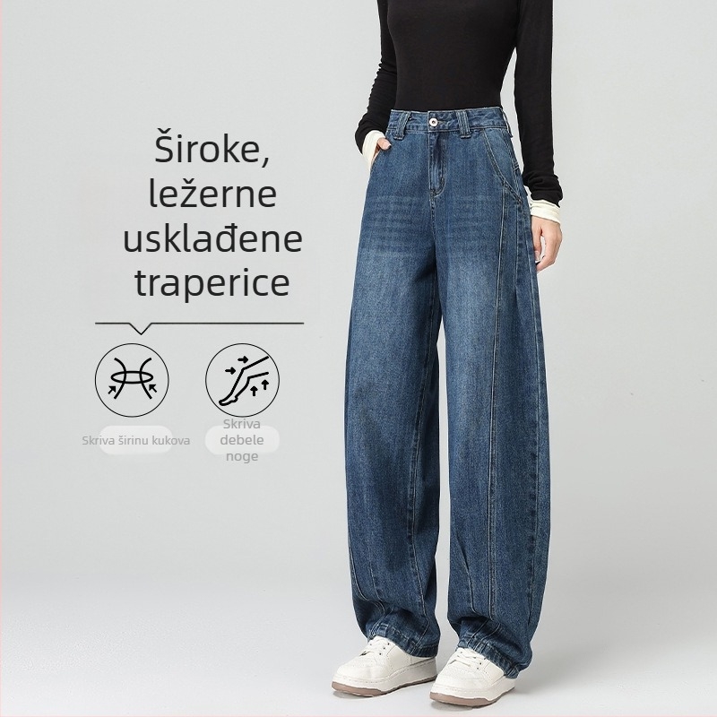 Traperice s širokim krojem, flis unutra, visok struk, debela tkanina; džins pamuk i poliester
