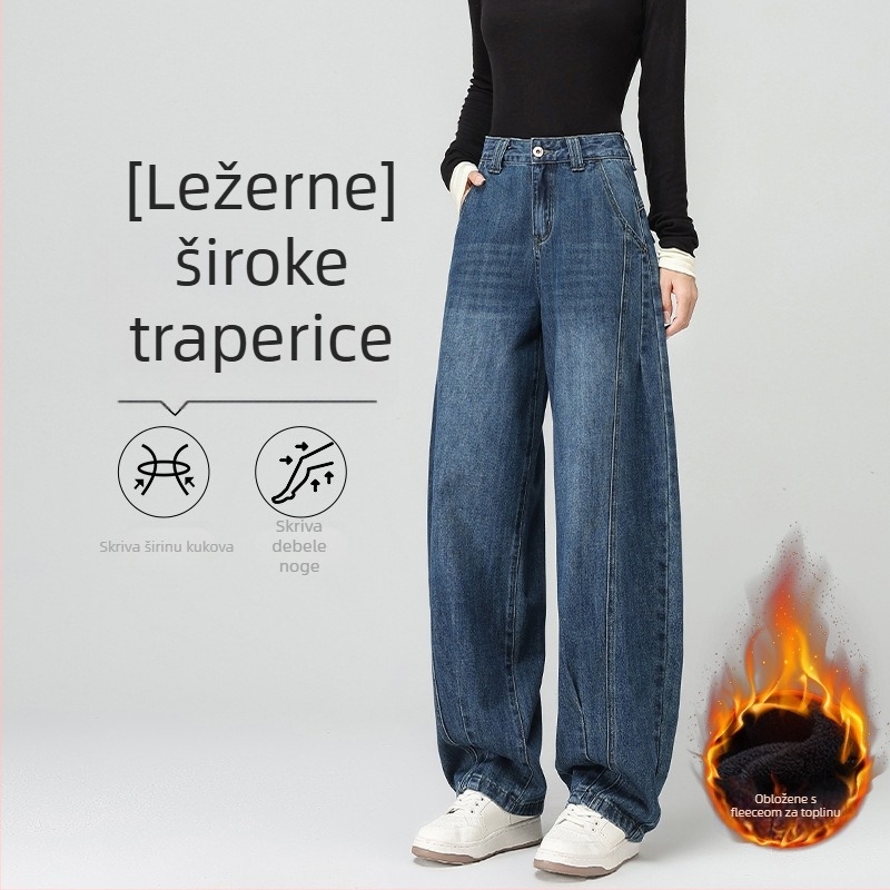 Traperice s širokim krojem, flis unutra, visok struk, debela tkanina; džins pamuk i poliester