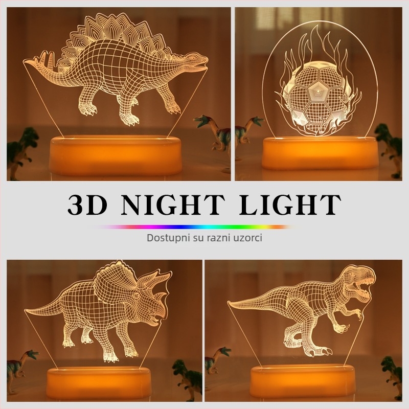 3D akrilna noćna lampica s dinosaurom za stol — karikaturalna životinjska lampa s ugrađenom baterijom i gumbnim prekidačem, napon ≤36V