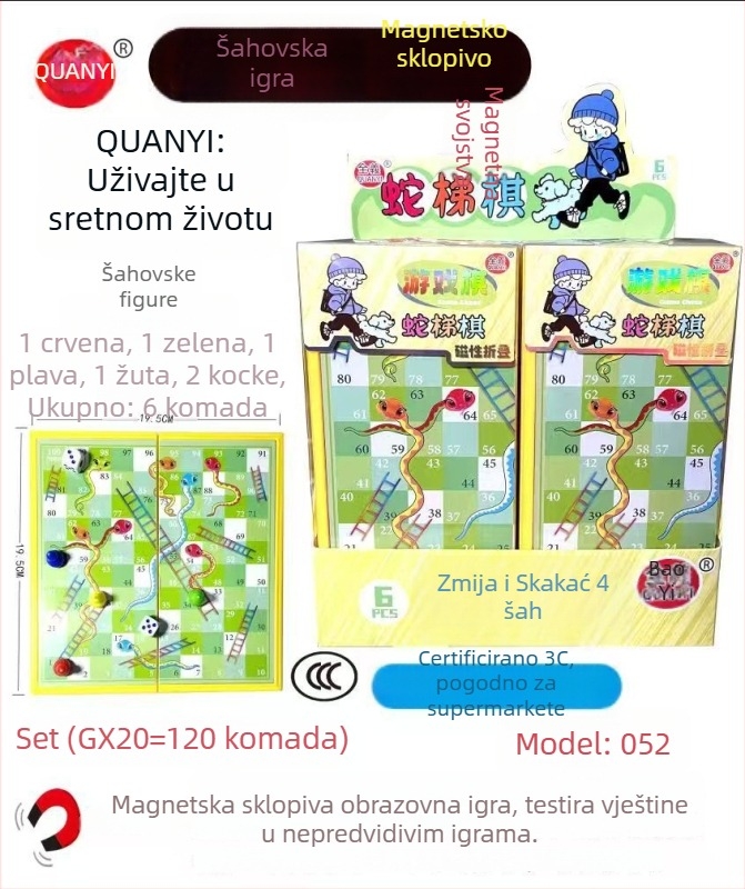 Magnetna džepna igra s karikaturama: letajući šah, Gomoku (pet u nizu), životinjsko šah, zmije i ljestve, dama – obiteljska edukativna igra