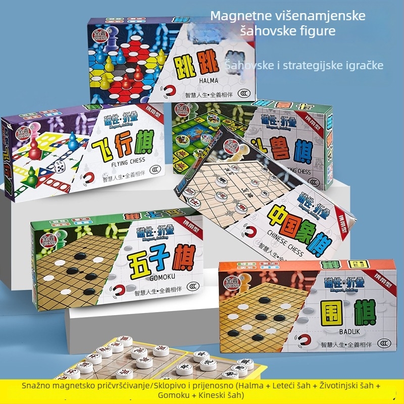 Magnetna džepna igra s karikaturama: letajući šah, Gomoku (pet u nizu), životinjsko šah, zmije i ljestve, dama – obiteljska edukativna igra