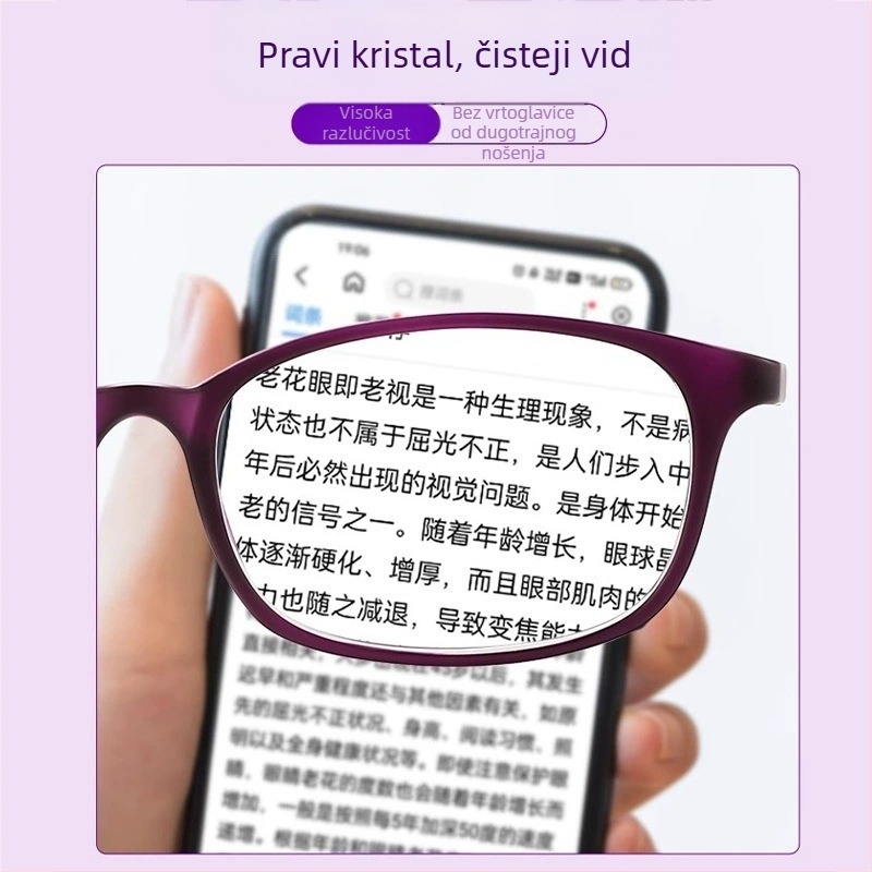 Naočale za čitanje s kristalnim lećama, visoka definicija, otporne na habanje i ogrebotine, TR90 okvir, puni okvir, kvadratni oblik (kristalne leće; TR90 okvir; puni okvir; kvadratni oblik; ljeto 2025)