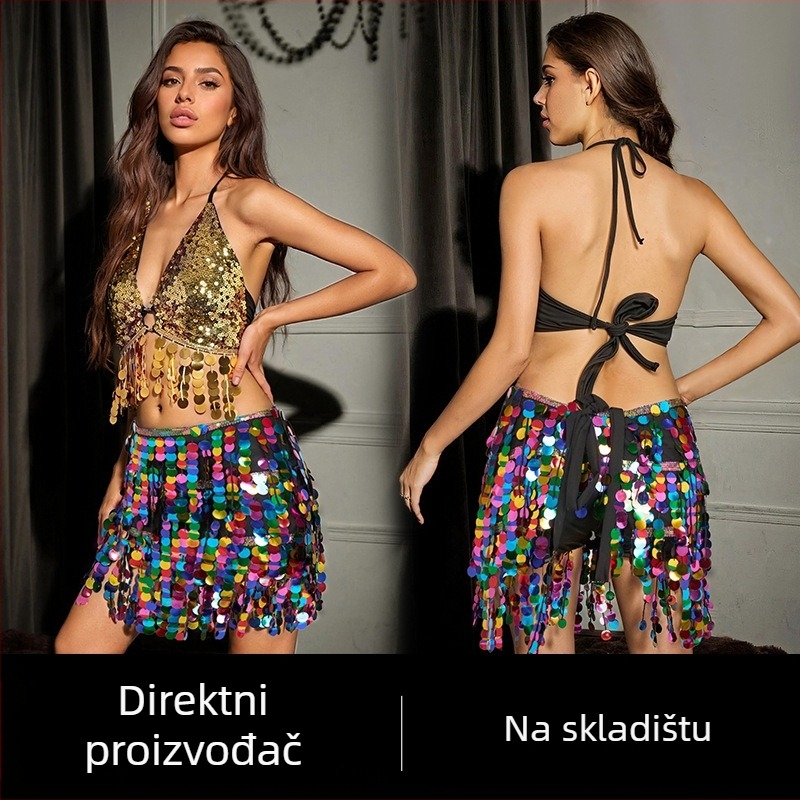 Set pojasa za ples trbuha s resicama i suknjom s šljokicama – kostim za orijentalni ples, stil street hipster, poliester 95%+