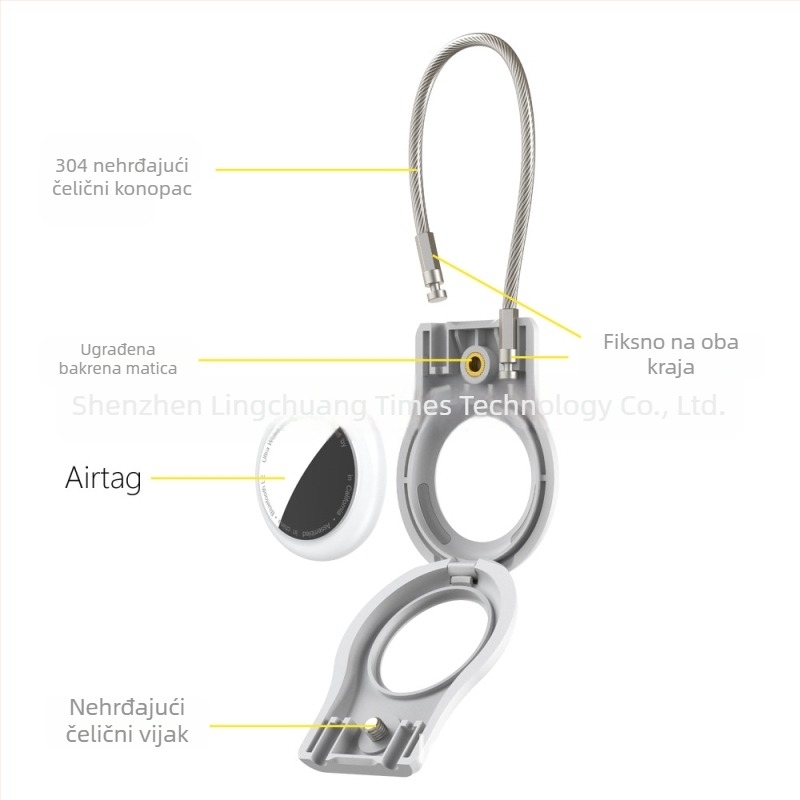 AirTag zaštitna kutija s metalnim kabelom i metalnim privjeskom, kompatibilno s Apple AirTag, materijali: PC + nehrđajući čelik, injekcijsko prešanje, jednostavan dizajn, jednobojni