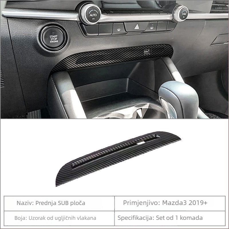 Unutarnje komponente Mazda3 (Axela): držač za čašu u središnjoj konzoli, okvir mjenjača, okvir stražnjeg otvora za ventilaciju