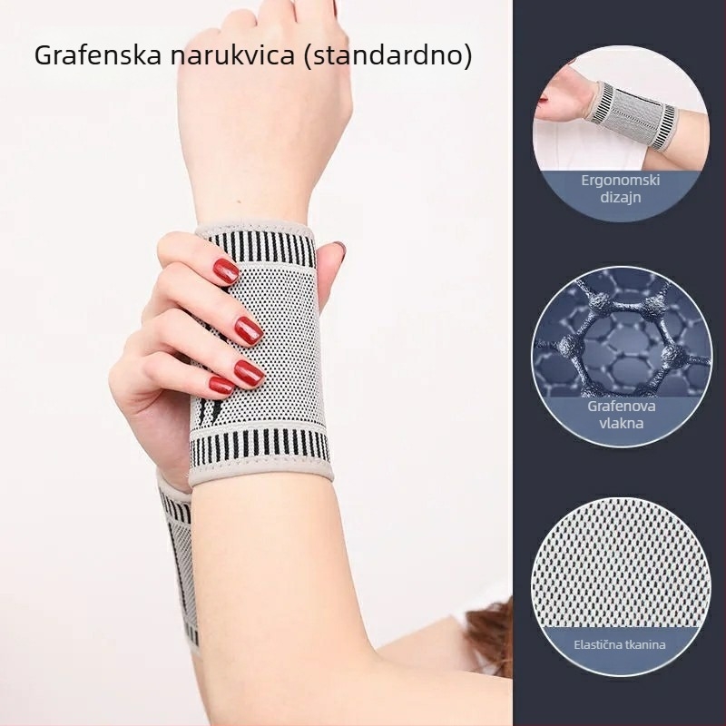 Grafenasti samozagrijavajući zglob zapešća, univerzalan za sportove; materijali: grafensko vlakno/latex pređa/nylon; sportovi: nogomet, košarka, odbojka, tenis, badminton, stolni tenis; zaštićeni dio: zglob zapešća