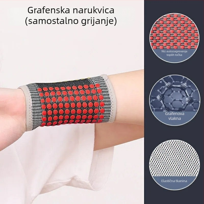 Grafenasti samozagrijavajući zglob zapešća, univerzalan za sportove; materijali: grafensko vlakno/latex pređa/nylon; sportovi: nogomet, košarka, odbojka, tenis, badminton, stolni tenis; zaštićeni dio: zglob zapešća