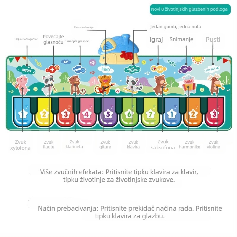 Zapisivi pedalni klavir mat za djecu – životinjska glazba, interaktivna podloga za igru