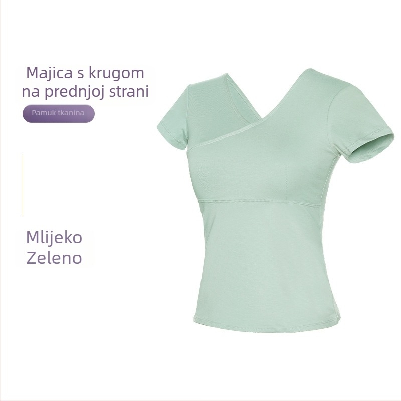 Ženski plesni top – kratki rukav, prednji križni, pamučni T‑shirt za baletnu praksu, odrasle žene, jednofarban uzorak, pamuk 93%, podstava viskoza 95%