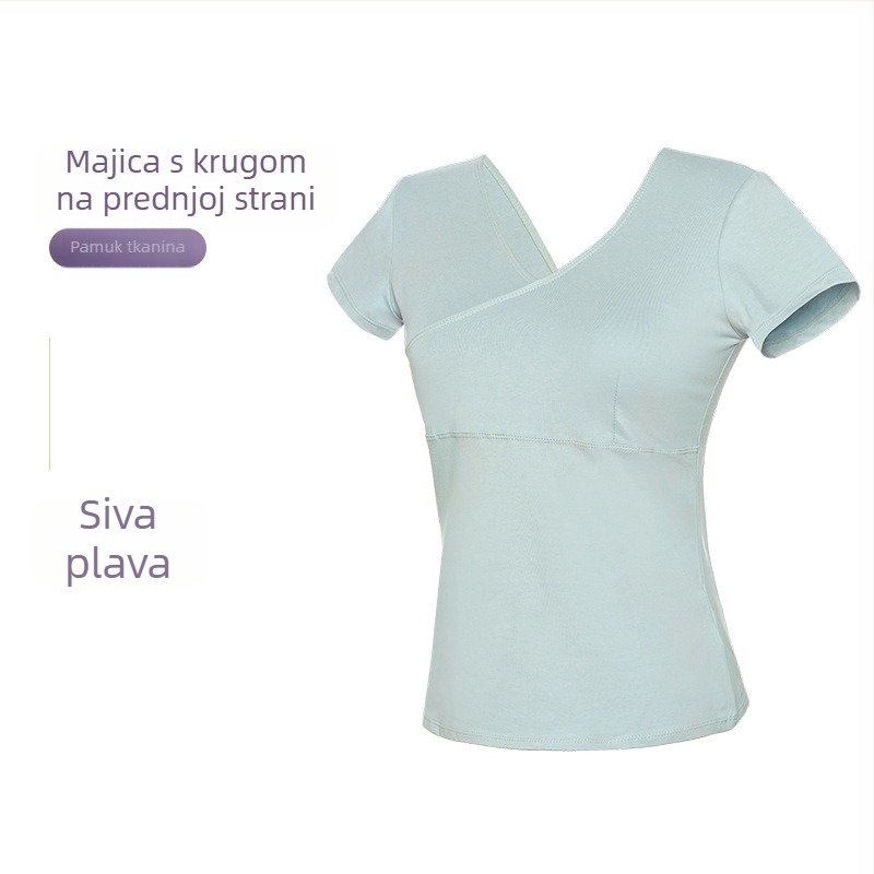 Ženski plesni top – kratki rukav, prednji križni, pamučni T‑shirt za baletnu praksu, odrasle žene, jednofarban uzorak, pamuk 93%, podstava viskoza 95%