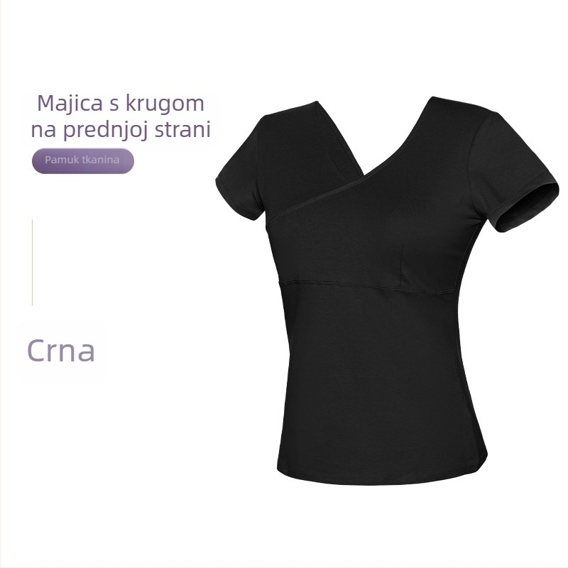 Ženski plesni top – kratki rukav, prednji križni, pamučni T‑shirt za baletnu praksu, odrasle žene, jednofarban uzorak, pamuk 93%, podstava viskoza 95%