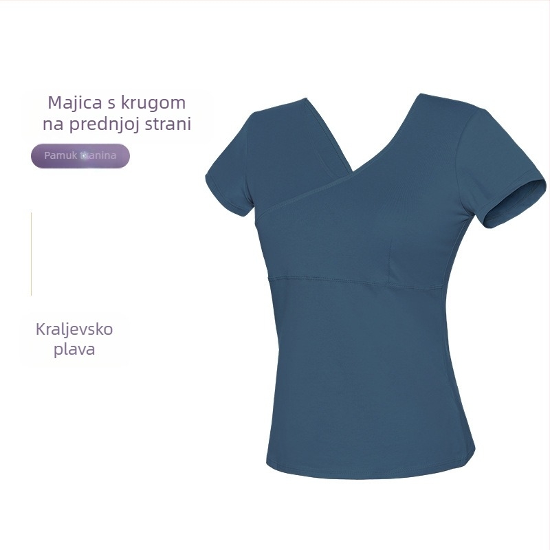Ženski plesni top – kratki rukav, prednji križni, pamučni T‑shirt za baletnu praksu, odrasle žene, jednofarban uzorak, pamuk 93%, podstava viskoza 95%