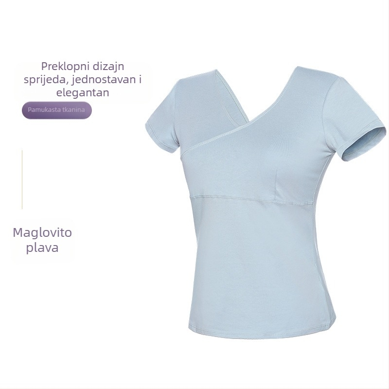 Ženski plesni top – kratki rukav, prednji križni, pamučni T‑shirt za baletnu praksu, odrasle žene, jednofarban uzorak, pamuk 93%, podstava viskoza 95%