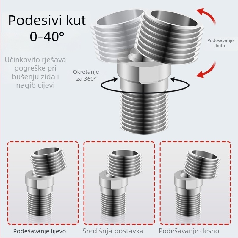 304 nehrđajući čelik, univerzalni zakrivljeni tuš adapter, nagib prilagodljiv, okretni, promjenjivi promjer