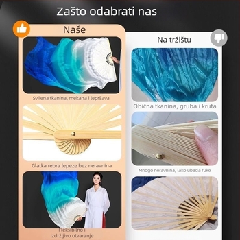 Dugi bambusov fan za ples s gradientom boje jezero-plave boje, za otvaranje nastupa; kineski stil; rekvizit za odrasle plesove poput belly dancea i Yangko.