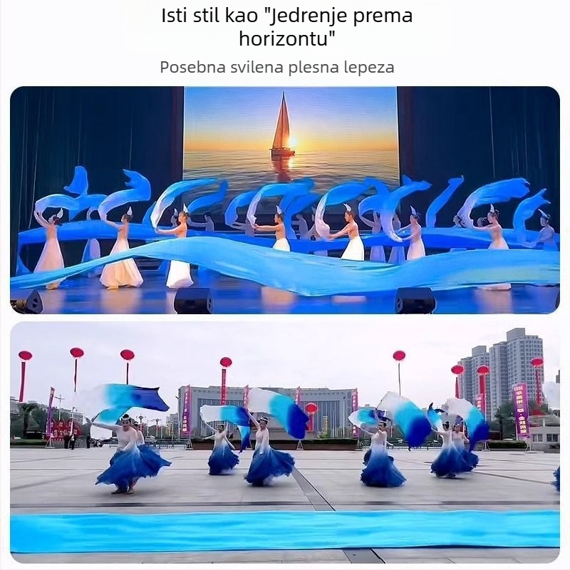 Dugi bambusov fan za ples s gradientom boje jezero-plave boje, za otvaranje nastupa; kineski stil; rekvizit za odrasle plesove poput belly dancea i Yangko.