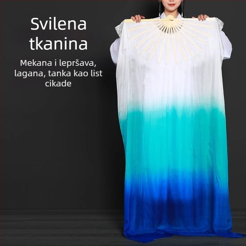 Dugi bambusov fan za ples s gradientom boje jezero-plave boje, za otvaranje nastupa; kineski stil; rekvizit za odrasle plesove poput belly dancea i Yangko.
