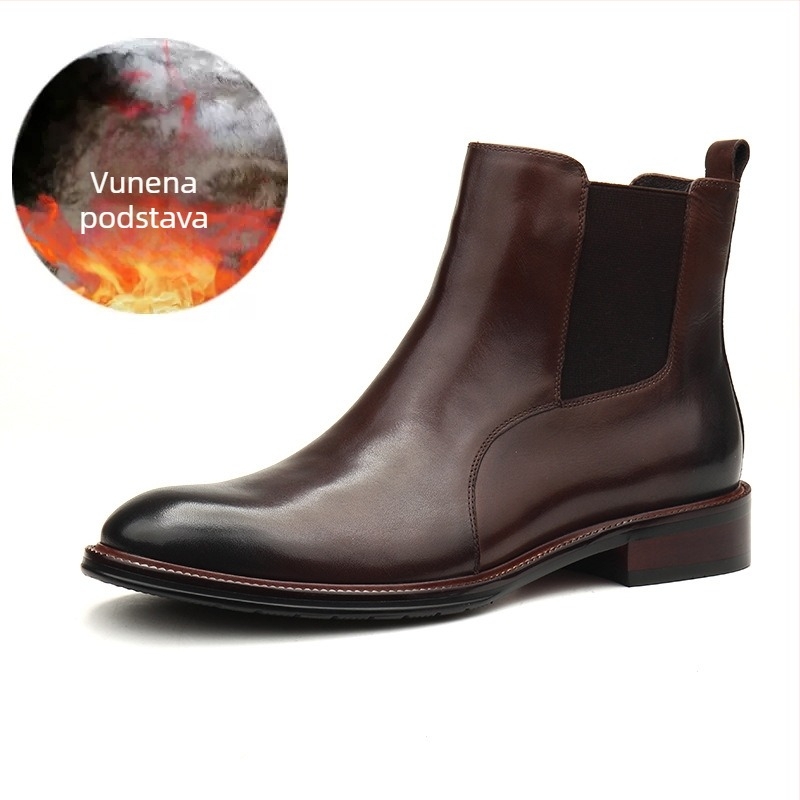 Muške visoke kožne čizme Martin – Gornji dio od prave kože, oštar vrh, niski klinasti potpetica 1–3 cm, mat završni izgled
