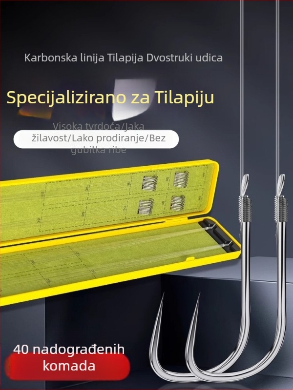 Završena dugačka ručna udica s dvostrukim udicama, vezana na karbonsku nit, tip mansetna udica, namijenjena karasu i šaranu